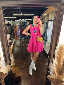 Pink Linen Square Neck Dress