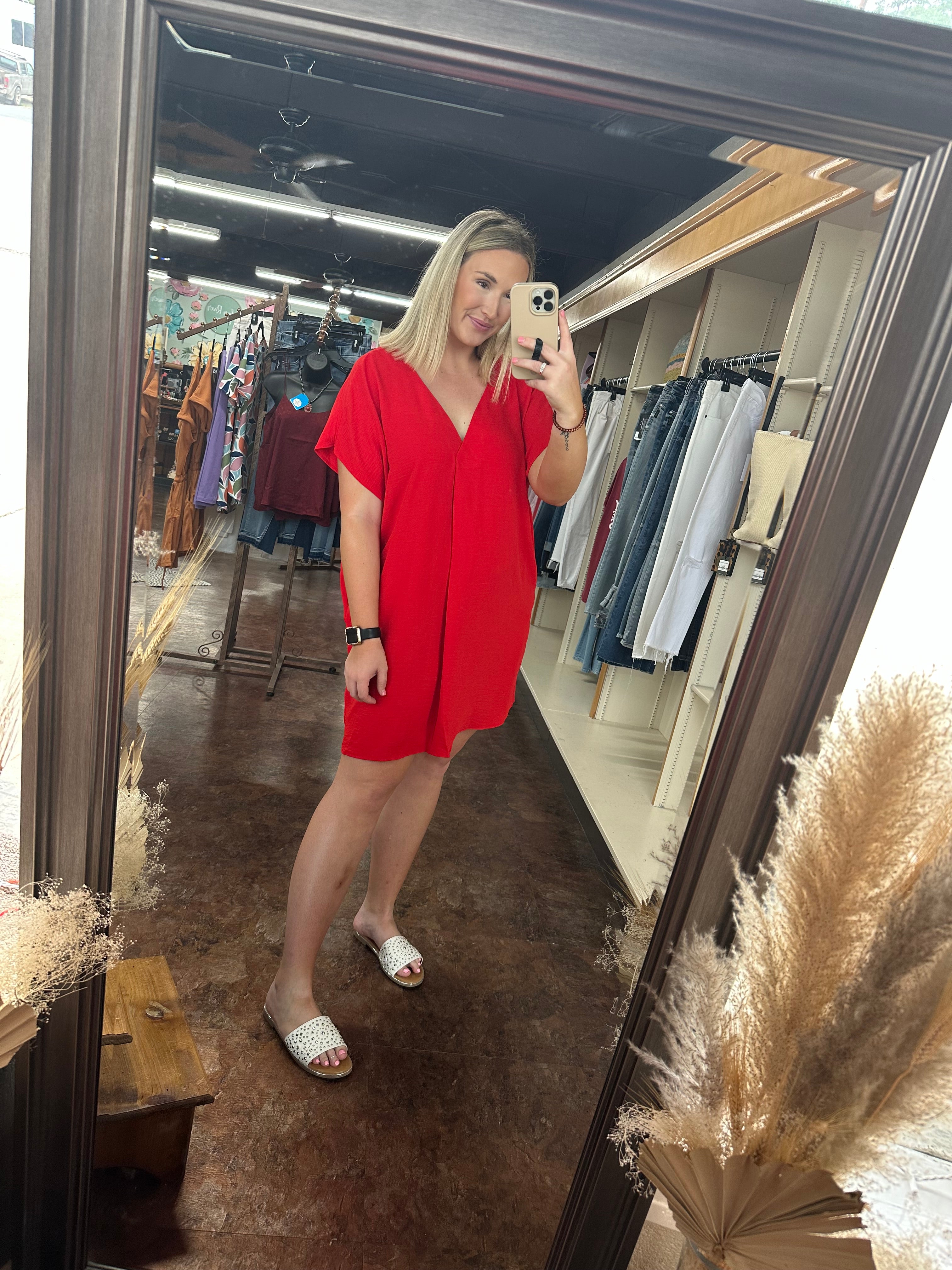 Casual V Neck Dress- Tomato