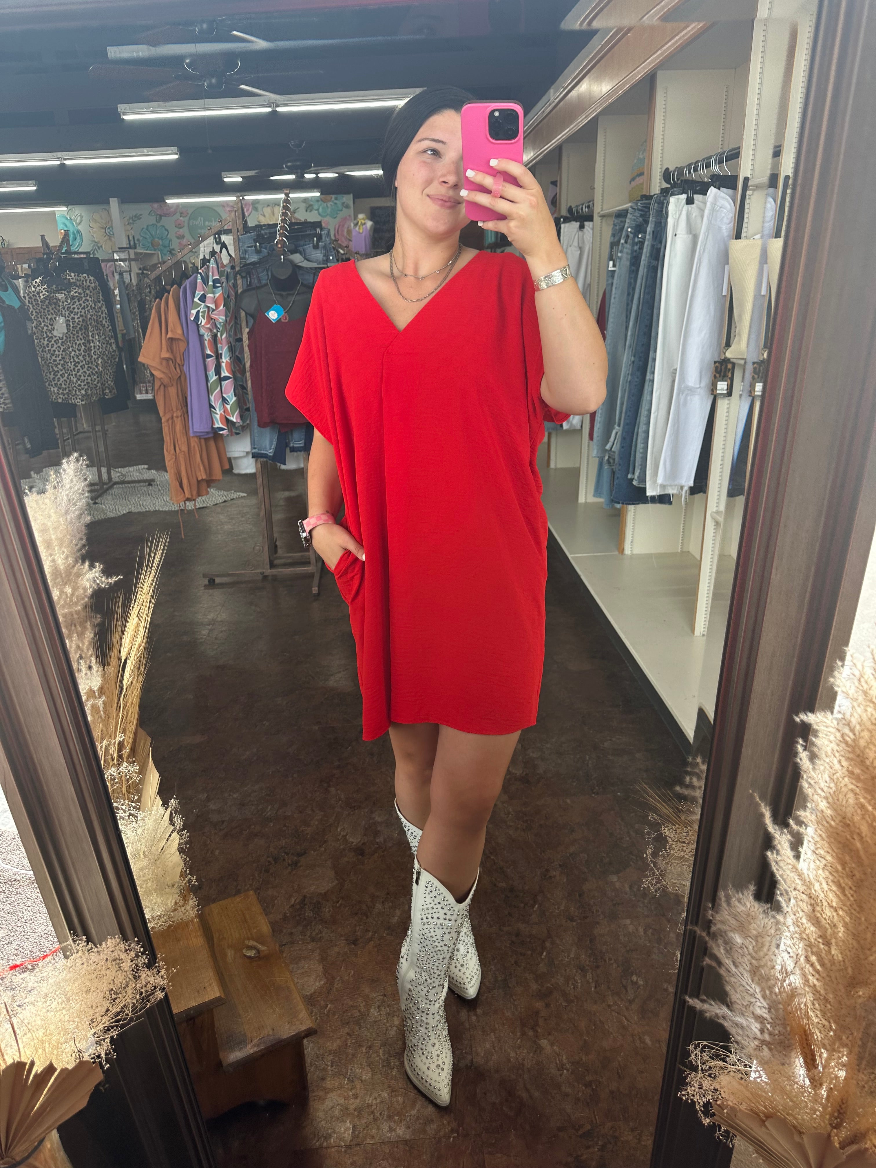 Casual V Neck Dress- Tomato